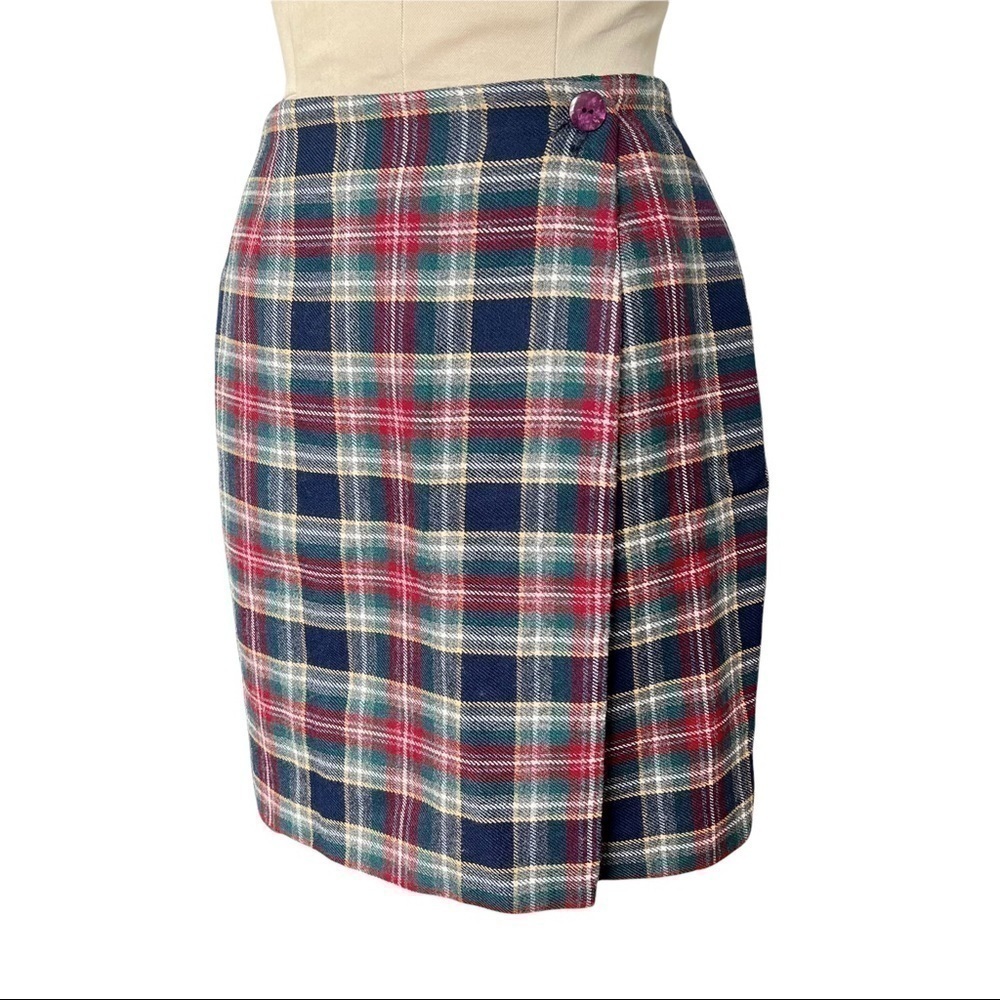 Vintage Plaid Wool Wrap Skirt Fully Lined Knee Length Y2K 90s Dark Academia 8P - Picture 1 of 11
